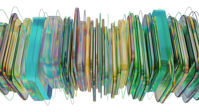 Iridescent Abstract Glass Layers and Colorful Transparent Rings 3D Digital Composition for Modern Design
