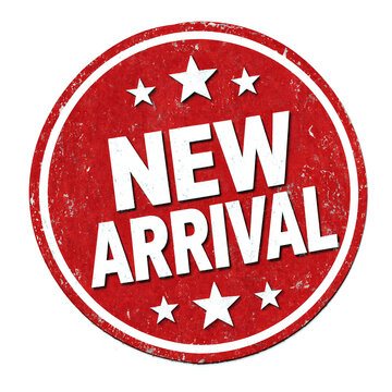 Bright red circular new arrival stamp with stars isolated for promotions and sales events