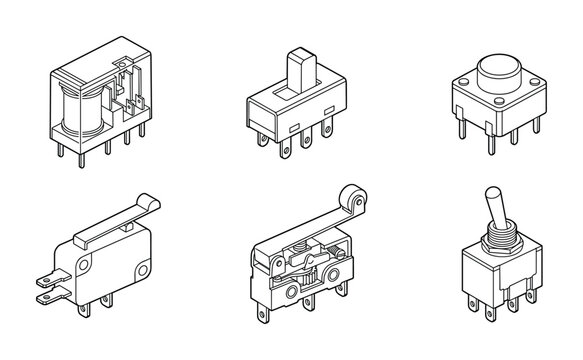 Miniature electronic switch and relay component isometric outline set.