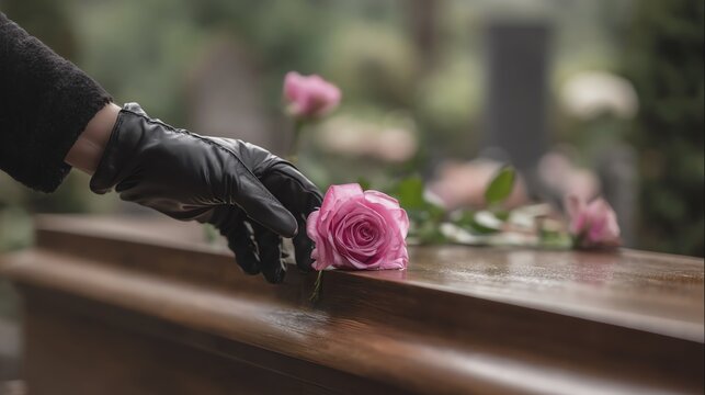 A hand placing a rose on a wooden casket.