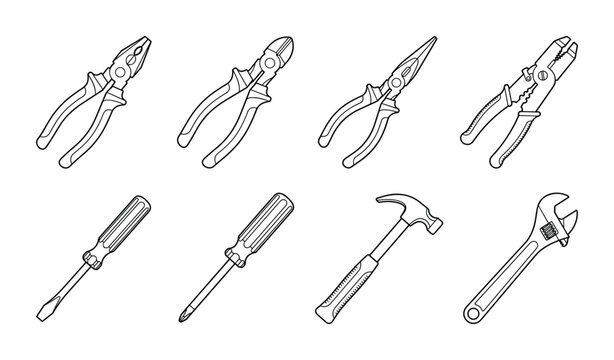 Various isometric outline hand tools with pliers, screwdrivers, hammer, wrench.