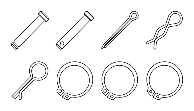 Assortment of pins and circlips for mechanical fastening isometric vector.
