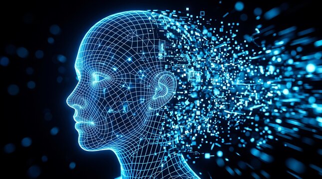Digital human head rendered with glowing blue wireframe mesh particles exploding into a dark background space