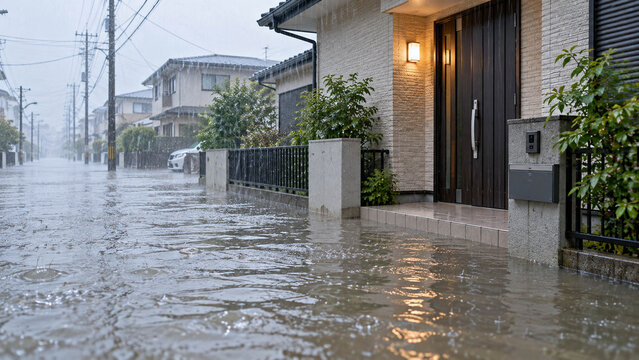 集中豪雨で浸水する日本の住宅街