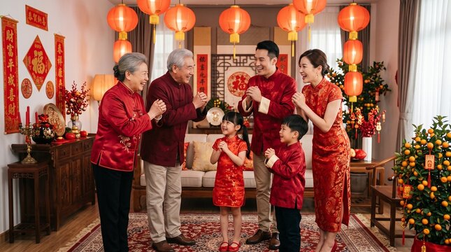Asian family exchanging traditional New Year blessings during a joyful Chinese New Year celebration.