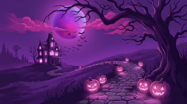 Spooky halloween landscape with a haunted house, glowing jackolanterns on a stone path, and a full moon in a purple night sky
