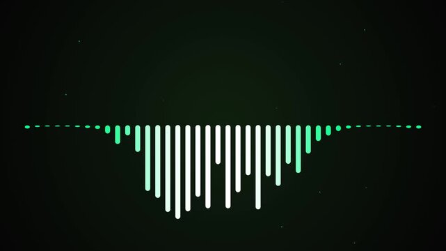 Digital audio waveform visualization displaying vertical white and green bars against a dark black background, representing sound frequency and amplitude in a minimalist technical data