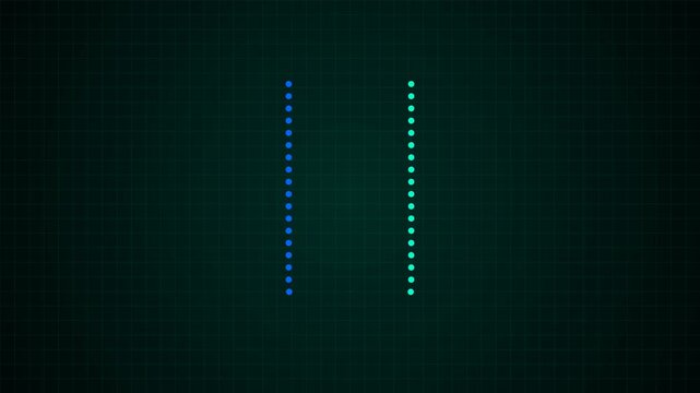 Two vertical sequences of alternating blue and green LED dots are centered on a dark green grid background, with a large white rectangular area below in a minimal digital layout.