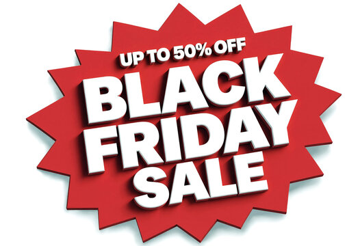 Bright red explosive sale banner with bold white text advertising black friday discounts up to fifty percent