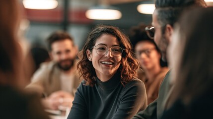 Obraz premium A smiling woman in a black sweater, sitting at a table with a group of people, in a casual, modern setting with a wooden table and industrial-style lighting.