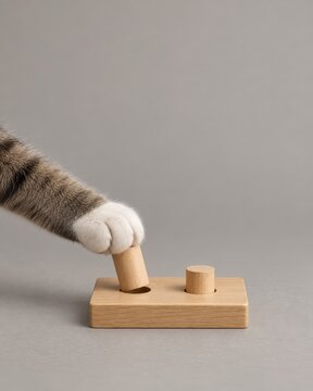 Tabby cat paw lifting a wooden cylinder peg from a puzzle board