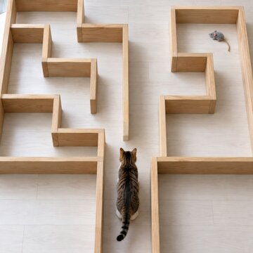 Tabby cat entering a wooden labyrinth maze with a toy mouse