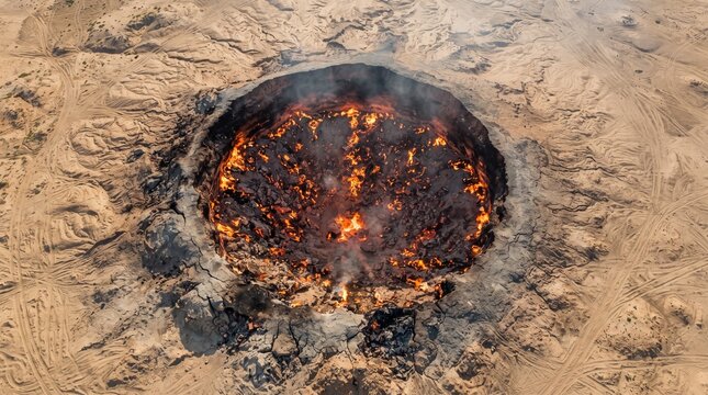 Vertical aerial view of the blazing Darvaza Gas Crater surrounded by the vast Karakum Desert, highlighting one of Earth's most remarkable geothermal landscapes.