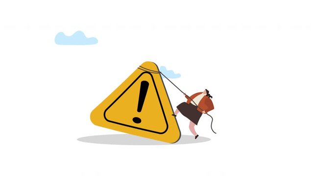 Person pulling warning sign, overcoming business challenge, problem solving