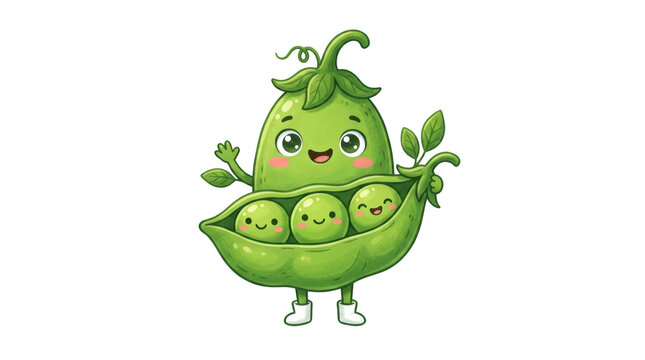 Cute cartoon pea pod character with smiling little peas isolated on transparent background