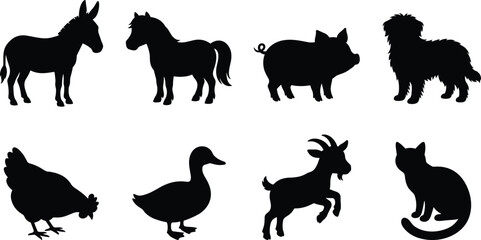 Obraz premium Silhouette collection of domestic and farm animals including donkey, horse, pig, dog, chicken, duck, goat, and cat