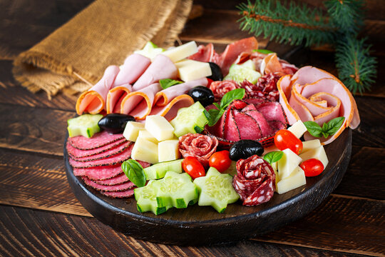 Traditional Christmas Snack Board with Cold Cuts and Cheese