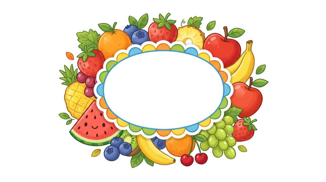 Colorful fruit frame with white oval center isolated on transparent background