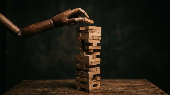 Wooden hand placing a block on a jenga tower