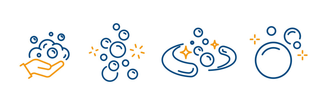 hygiene soap foam, hand washing, soap bubbles, icon set featuring foam and water bubbles, detergent linear vector illustration, outline blue icons