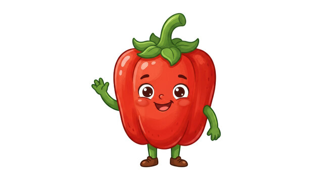 Cute cartoon red bell pepper waving hello isolated on transparent background
