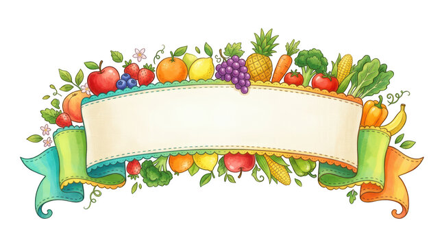Fruits and vegetables banner isolated on transparent background