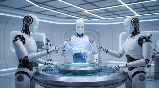Sophisticated humanoid robots analyze a glowing holographic digital human brain model while standing around a high tech metallic laboratory table