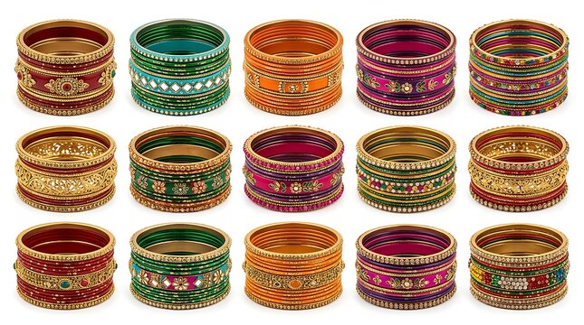Stack of traditional Indian glass bangles in vibrant colors and gold
