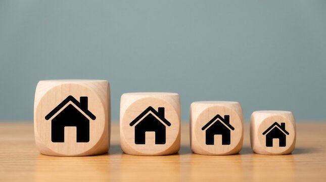 Wooden cubes arranged in decreasing order display black house icons representing various residential real estate market trends and property sizes