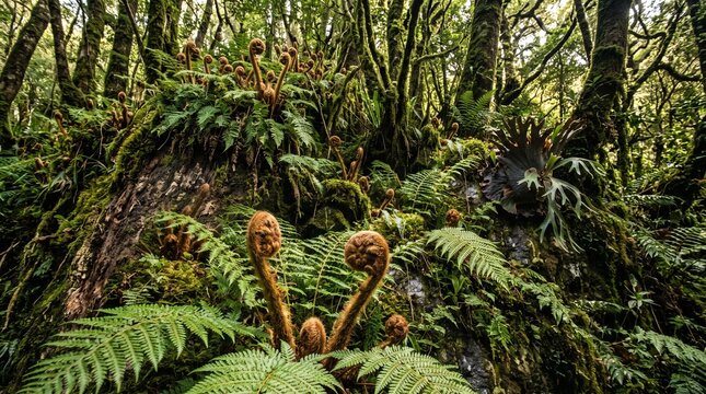 Lush Green Ferns and MossCovered Trees in a Vibrant Temperate Rainforest.