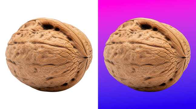 Two whole walnuts with textured shells in detail