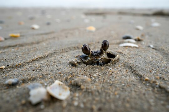 Small Ghost Crab Emerging from Sandy Burrow on Ocean Shore