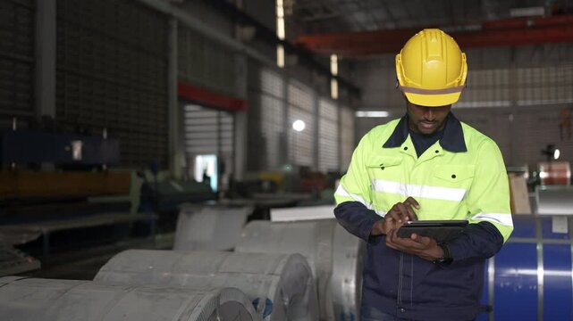 Factory engineer uses digital tablet among steel coils