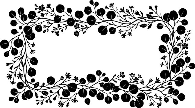 Black eucalyptus rectangular floral frame border leaves botanical decorative wedding monogram editable vector silhouette ornate elegant vintage ornament garland blossom