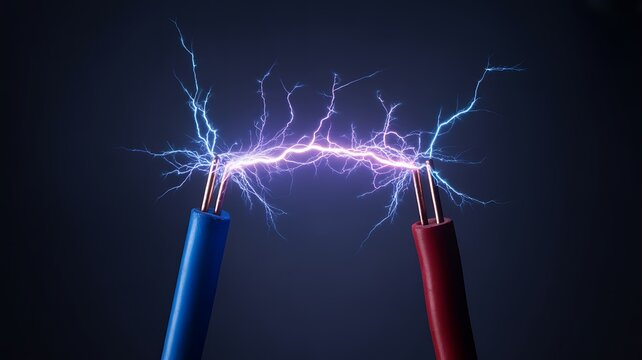 Electrical energy flowing between two wires with bright electric sparks on a dark background