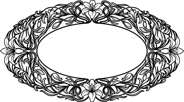 Black lily oval floral frame border blossom leaves botanical decorative wedding monogram editable vector silhouette ornate elegant vintage ornament garland