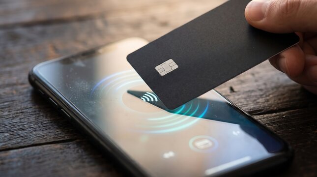 Contactless payment photo showing a credit card tapping a smartphone screen with NFC signal waves on a wooden table