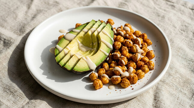 Healthy plant-based meal featuring sliced avocado and crispy roasted chickpeas drizzled with creamy tahini sauce on a white plate