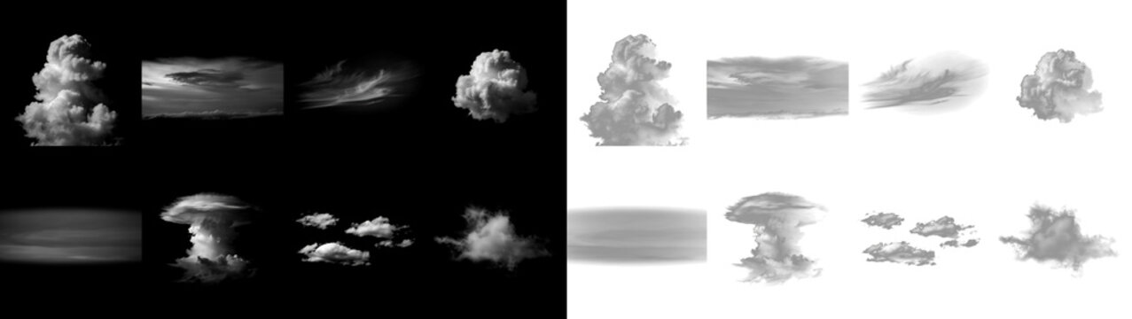 Set of different cloud types isolated on transparent background, realistic collection of various weather formations for digital design and sky compositing
