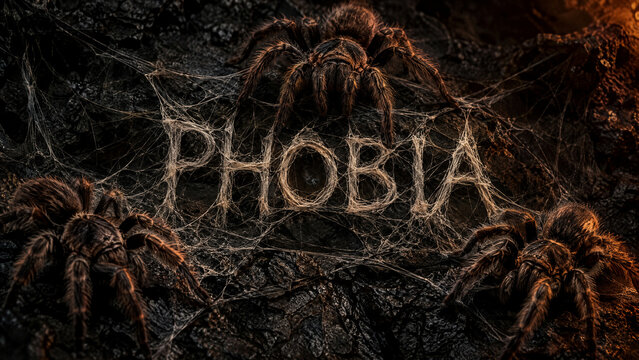 The word phobia written in spider webs surrounded by large hairy tarantulas in a dark cave