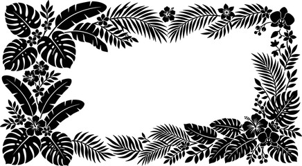 Black tropical monstera palm rectangular floral frame border banana leaves blossom botanical decorative wedding monogram editable vector silhouette exotic jungle © MD MUSLIM UDDIN
