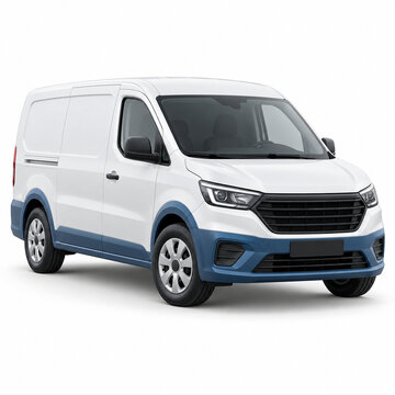 An unbranded white delivery van with blue trim, isolated on white, representing parcel delivery and logistics