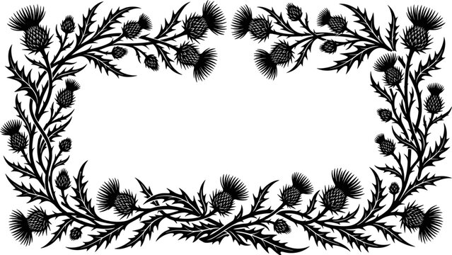 Black thistle flower rectangular floral frame border spiky leaves botanical decorative wedding monogram editable vector silhouette elegant vintage ornament garland
