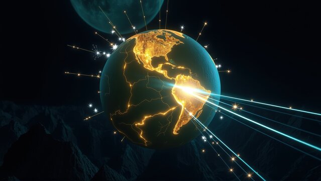Glowing Earth illustration. Digital artwork depicts planet, connections, bright light emanating from surface. Dark space background visible.