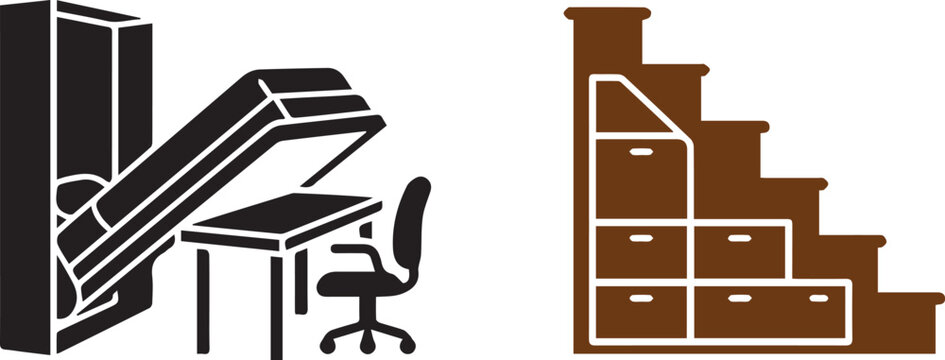 Vector icon set of space saving furniture featuring folding murphy bed with study desk and staircase with integrated storage drawers