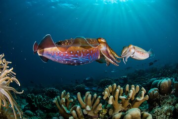 Two Cuttlefish Swimming Above Coral Reef in Clear Ocean Water © GraphixTreasure