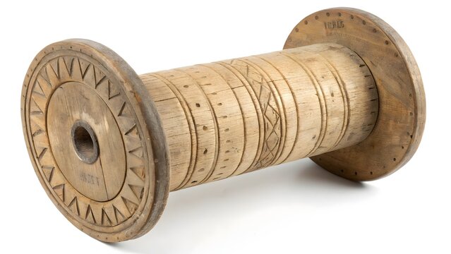 Wooden spool for yarn rests horizontally on a pure white surface, showcasing intricate carved patterns and aged texture across its cylindrical body.