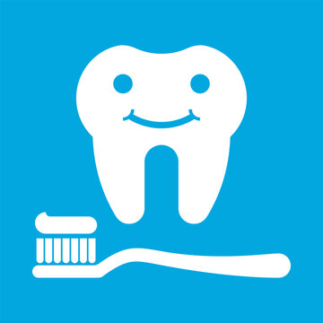 Smiling tooth with toothbrush icon, promoting dental hygiene.