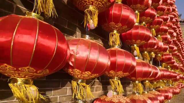 Traditional red Chinese silk lanterns with gold tassels and auspicious patterns hung in rows on an aged brick wall under sunlight