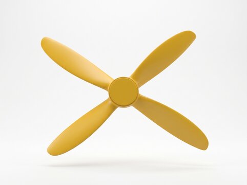 Yellow four-blade aircraft propeller in cross shape floating on white background, aviation concept product shot
